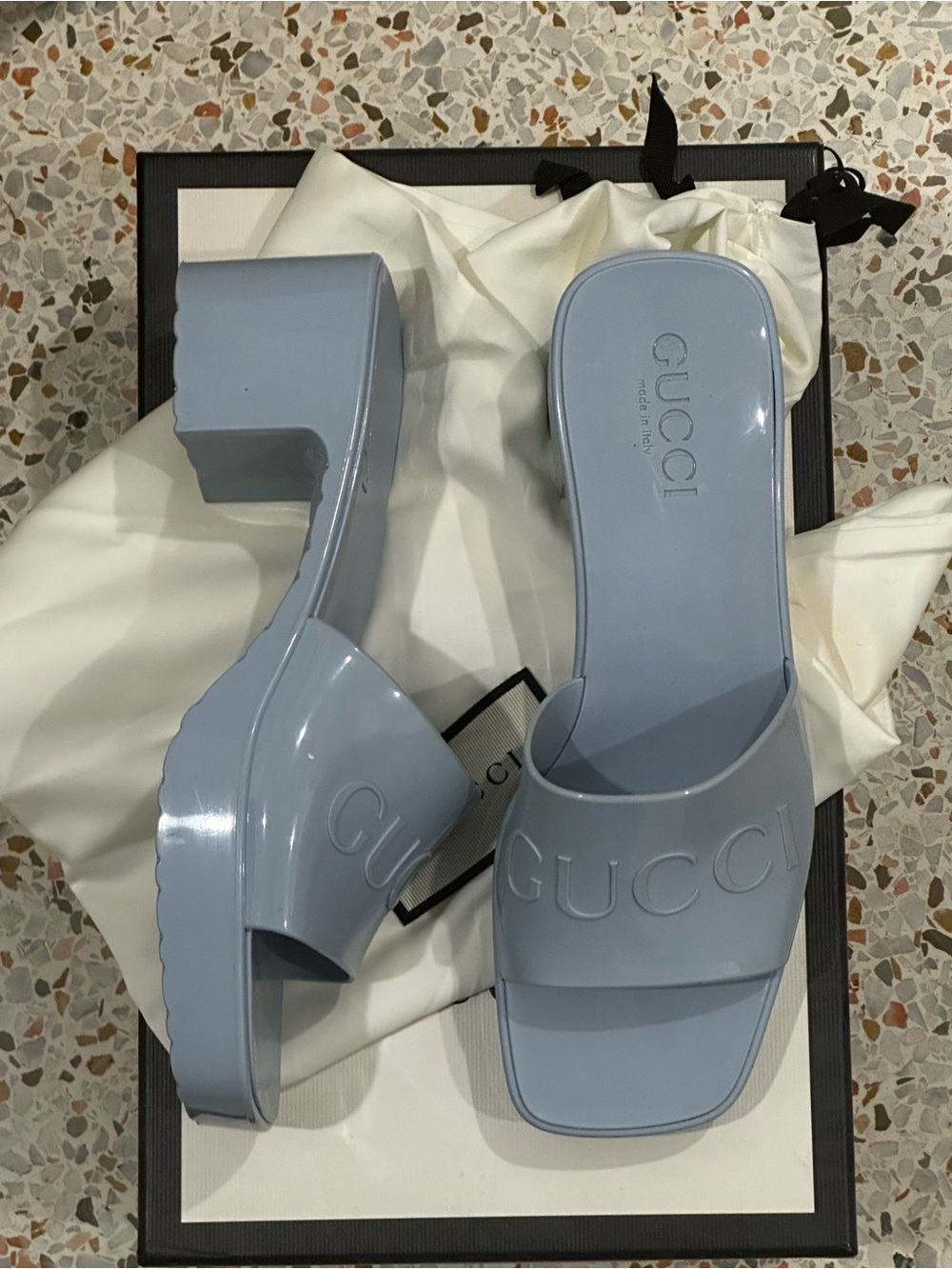 Gucci Light Blue Patent Leather Block Heel Mules